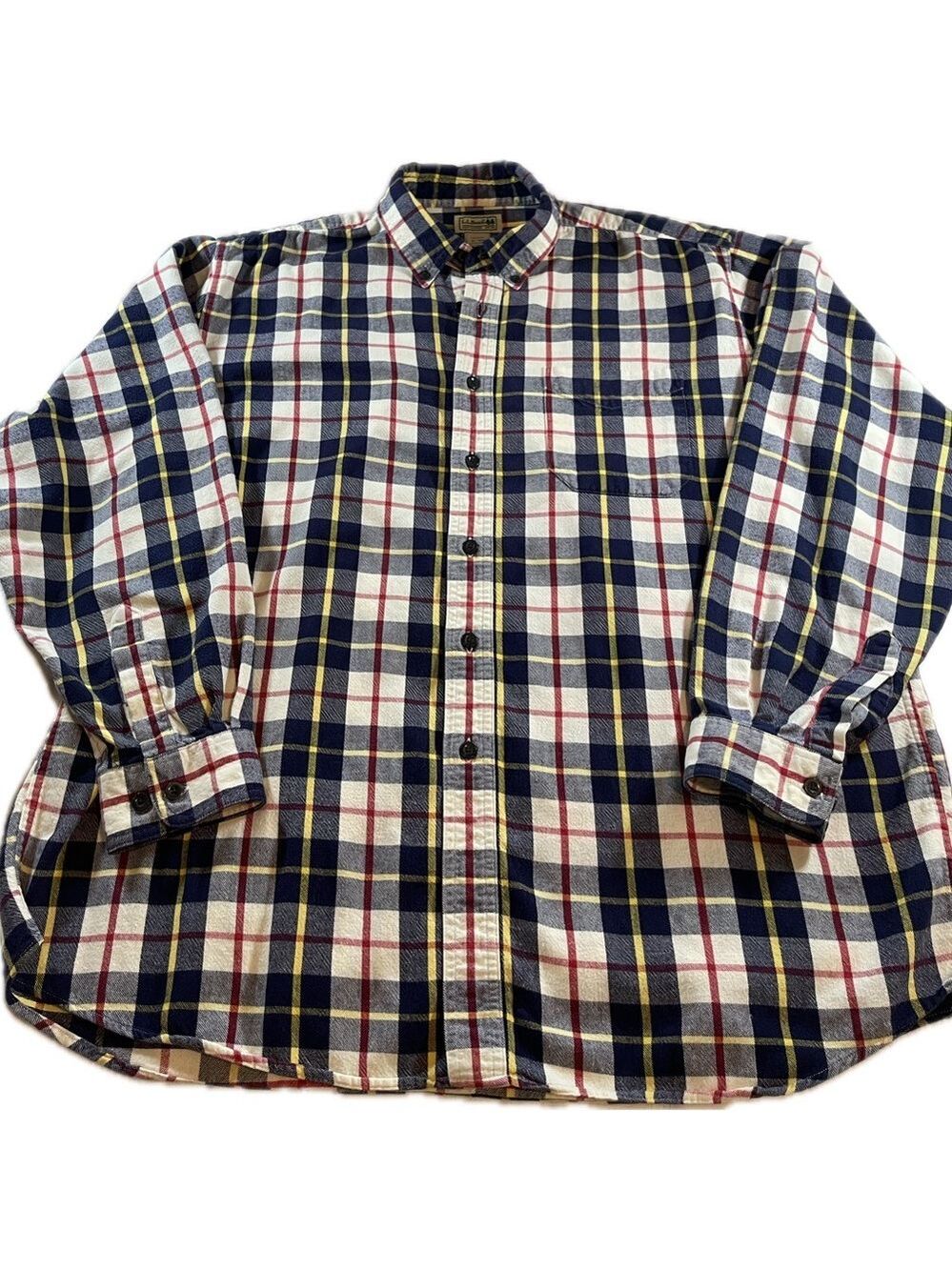 L.L. Bean XL Flannel Plaid Button Down Shirt Men’s Blue Yellow Long Sleeve